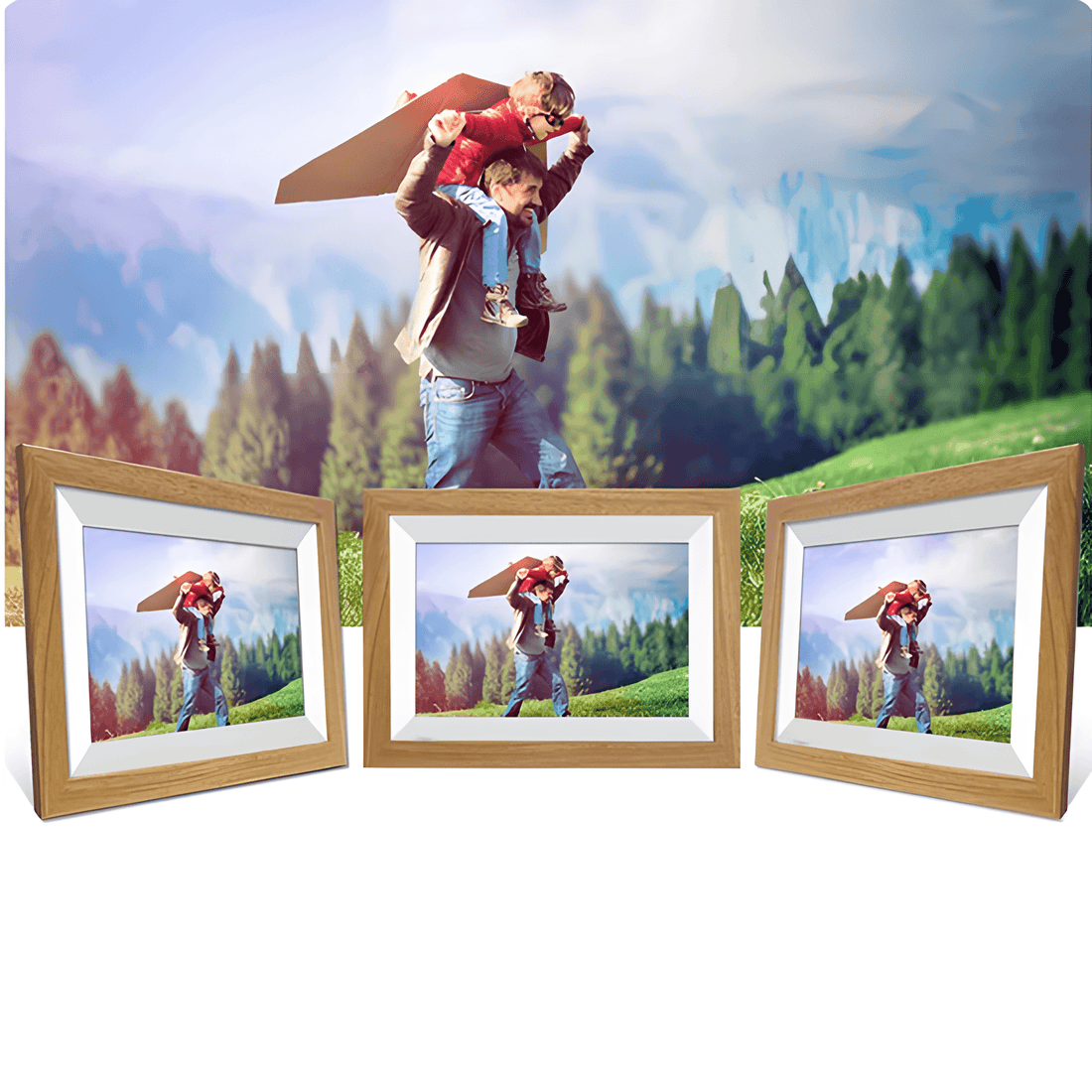 tre digitala fotoramar med en bild på en pappa som leker med sitt barn
